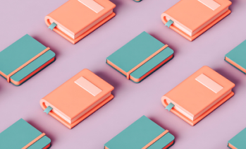 Pink and green 3D books pattern with copy space in the upper left corner. pastel colors.